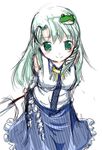  arms_behind_back detached_sleeves frog_hair_ornament gohei green_eyes green_hair hair_ornament jewelry kochiya_sanae long_hair long_skirt necklace sketch skirt solo star_drop symposium_of_post-mysticism touhou 