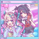  2girls 4_74obake ame-chan_(needy_girl_overdose) anniversary balloon black_hair black_ribbon blonde_hair blue_bow blue_eyes blue_hair bow cellphone chouzetsusaikawa_tenshi-chan collared_shirt dual_persona hair_bow hair_ornament hair_over_one_eye hand_up hands_on_own_cheeks hands_on_own_face hands_up heart highres holding holding_phone indoors long_hair long_sleeves looking_at_viewer monitor multicolored_hair multiple_girls neck_ribbon needy_girl_overdose open_mouth phone pink_bow pink_hair pixel_art purple_bow quad_tails red_shirt ribbon sailor_collar shirt skirt smartphone smile suspender_skirt suspenders twintails x_hair_ornament youtube_creator_award 
