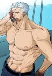 1boy abs bara boat cowboy_shot facial_hair highres large_pectorals looking_ahead male_focus mature_male medium_sideburns muscular muscular_male navel nipples ocean one_piece op_lasin pectorals red_eyes scar scar_on_face scar_on_forehead short_hair sideburns_stubble smoker_(one_piece) solo sparse_stubble stitches stomach stubble sweat topless_male tsurime very_sweaty watercraft white_hair 