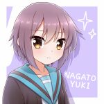  1girl blue_sailor_collar brown_cardigan brown_eyes cardigan character_name closed_mouth expressionless kita_high_school_uniform nagato_yuki open_cardigan open_clothes purple_hair sailor_collar school_uniform serafuku short_hair solo sparkle suzumiya_haruhi_no_yuuutsu upper_body winter_uniform youkodaze 