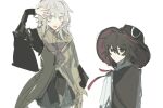  2others androgynous ascot black_eyes black_hair black_headwear black_sleeves black_vest brown_ascot closed_mouth enraku_tsubakura grey_eyes grey_hair hand_on_own_head houlen_yabusame len&#039;en long_sleeves medium_hair multiple_others open_mouth other_focus simple_background sketch smile two-sided_fabric two-sided_headwear vest white_background wide_sleeves xianxunyou 