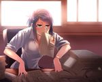  bad_id bad_pixiv_id bracelet brown_eyes brown_hair desk dress_shirt glasses hair_up jewelry ktsis lens_flare mouth_hold original paper photo_(object) shirt sleeves_rolled_up solo sweat working 