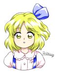  1girl 2023 :o alice_margatroid alice_margatroid_(pc-98) blonde_hair blue_ribbon dated hair_ribbon looking_at_viewer nonamejd official_style ribbon short_hair simple_background solo suspenders touhou touhou_(pc-98) upper_body white_background yellow_eyes zun_(style) 