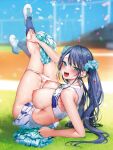  1girl :d arm_support bare_arms bare_shoulders blue_eyes blue_hair blue_socks blurry blurry_background blush breasts cheerleader clothes_lift commentary_request from_behind full_body hair_ornament highres large_breasts legs_up long_hair looking_at_viewer looking_back miniskirt nipples open_mouth original outdoors panties panty_pull pom_pom_(cheerleading) pyon-kichi shirt_lift skirt smile socks solo sweat thighs twintails underwear white_footwear white_panties white_skirt 