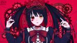  1girl :o absurdres black_dress black_hair clock_eyes date_a_live date_a_live:_date_a_bullet dress gears heterochromia highres jewelry lolita_fashion long_sleeves open_mouth puffy_sleeves red_eyes ring roman_numeral solo symbol-shaped_pupils tokisaki_kurumi trihprstyo twintails two-tone_dress upper_body 