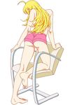  ahoge ass barefoot blonde_hair chair fio88 from_behind highres hoshii_miki idolmaster idolmaster_(classic) long_hair short_shorts shorts solo topless 