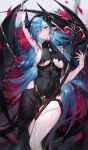  1girl absurdres armpits azur_lane black_dress black_horns black_wings blue_eyes blue_hair breasts covered_navel demon_wings dress flower halloween_costume highres hip_vent horns large_breasts long_bangs long_hair looking_at_viewer mary_celeste_(azur_lane) mary_celeste_(grim_night&#039;s_reaper)_(azur_lane) official_alternate_costume parted_lips pointy_ears qiandaiyiyu red_flower red_rose rose scythe solo torn_clothes torn_dress wet wings 