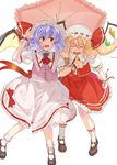  ascot bad_id bad_pixiv_id bat_wings blonde_hair blue_hair brooch closed_eyes fang flandre_scarlet hand_on_headwear hat hat_ribbon jewelry locked_arms mary_janes multiple_girls nazuki_nazu open_mouth parasol red_eyes remilia_scarlet ribbon shirt shoes short_hair siblings sisters skirt skirt_set smile touhou umbrella wings wrist_cuffs 