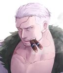  1boy bara coat facial_hair highres large_pectorals looking_at_viewer male_focus mature_male medium_sideburns muscular muscular_male one_piece pectoral_cleavage pectorals scar scar_on_face scar_on_forehead short_hair sideburns_stubble smoker_(one_piece) smoking solo sparse_stubble stitches stubble tsurime white_hair yamakazi47 