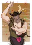  1boy :3 absurdres aged_down alternate_costume animal_ears arknights arm_up bara blush confetti cowboy_shot cowboy_western facial_hair furrowed_brow furry furry_male goatee highres large_pectorals male_focus mountain_(arknights) muscular muscular_male navel_hair neck_fur pectoral_cleavage pectorals short_hair smile solo thick_eyebrows tiger_boy tiger_ears torn_clothes torn_sleeves white_hair yingou_li_de_wenyi_zhi_yuan 