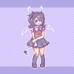  1girl 4_74obake ame-chan_(needy_girl_overdose) black_hair black_ribbon black_skirt blue_background collared_shirt demon_horns demon_tail demon_wings drawn_horns drawn_wings full_body hair_ornament hair_over_one_eye horns kneehighs long_hair looking_at_viewer neck_ribbon needy_girl_overdose open_mouth outline polka_dot polka_dot_background purple_eyes red_shirt ribbon shirt shoes skirt smile socks solo standing suspender_skirt suspenders tail twintails white_outline wings x_hair_ornament 