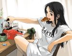  akai_sashimi black_eyes black_hair carrot chair coffee croissant crossed_legs cup curtains eraser food kettle long_hair md5_mismatch mouth_hold mug original shirt sitting solo t-shirt table vise 