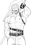  1boy abs bara belt cowboy_shot facial_hair fighting_stance greyscale highres large_pectorals looking_at_viewer male_focus mature_male medium_sideburns monochrome multiple_belts muscular muscular_male nipples one_piece over_shoulder p_(pppppppppq) pectorals ready_to_draw scar scar_on_face short_hair sideburns_stubble smoke smoker_(one_piece) solo sparse_stubble stomach stubble topless_male tsurime veiny_crotch weapon weapon_over_shoulder 