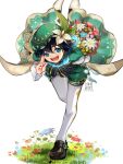  1boy :d androgynous aqua_eyes artist_logo artist_name bent_over beret black_bow black_bowtie black_footwear black_hair blue_flower blue_hair bouquet bow bowtie braid cape commentary english_commentary flower full_body genshin_impact gradient_hair grass green_cape green_headwear green_shorts grey_flower hair_between_eyes hand_up hat hat_flower highres holding holding_behind_back holding_bouquet instagram_logo leaf long_sleeves looking_at_viewer male_focus multicolored_hair open_mouth pantyhose plant ryrmcher salute shoes short_hair shorts side_braids smile solo standing standing_on_one_leg streaked_hair twin_braids twitter_logo two-finger_salute venti_(genshin_impact) watermark white_background white_flower white_pantyhose yellow_flower 