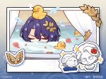  1boy bathing bathtub blue_hair chibi chinese_commentary chinese_text closed_eyes copyright_name covered_mouth dr._ratio_(honkai:_star_rail) eyeliner flower hair_between_eyes honkai:_star_rail honkai_(series) in_water logo makeup male_focus mask official_art red_eyeliner red_flower red_rose rose rubber_duck solo star_(symbol) statue water 