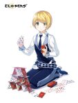  1boy ace_(playing_card) ace_of_diamonds ace_of_hearts alternate_hair_color belt blonde_hair blue_belt blue_footwear blue_necktie blue_pants blue_vest bob_cut bow card closed_mouth closers collared_shirt copyright_name croupier diamond_(shape) dress_pants dress_shirt dress_shoes eight_of_clubs eight_of_spades facing_viewer five_of_hearts four_of_clubs full_body green_eyes hands_up heart high_heels highres holding holding_card house_of_cards king_(playing_card) king_of_spades logo long_sleeves looking_down male_focus mistilteinn_(closers) necktie nine_of_diamonds nine_of_hearts nine_of_spades official_art on_ground pants playing_card queen_(playing_card) queen_of_diamonds seiza shadow shirt short_hair sitting six_of_hearts smile socks solo sparkle sweat swept_bangs tachi-e ten_of_diamonds three_of_diamonds three_of_spades vest waistcoat white_background white_bow white_shirt white_socks wrist_bow 
