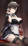  1girl alternate_costume animal_ears apron atago_(azur_lane) azur_lane black_dress black_hair black_thighhighs breasts chyoel cleavage dog_ears dress enmaided extra_ears frilled_apron frills garter_straps hand_up highres large_breasts long_hair looking_at_viewer maid maid_apron maid_headdress mole mole_under_eye puffy_sleeves ribbon sitting smile swept_bangs thighhighs waist_apron white_apron white_ribbon 