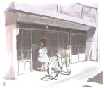  1girl bicycle black_hair blue_dress child dress hat holding holding_clothes holding_hat kotobuki_keisuke medium_hair original scenery shadow shoes sign sleeveless sleeveless_dress solo standing storefront summer sun_hat unworn_headwear white_headwear 