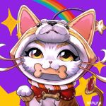  animal animal_costume battle_principal_yuumi biting cat dog_costume fangs fish food hood hood_up kancho_(kan_cho) league_of_legends no_humans orange_eyes paw_up purple_background rainbow shiba_yuumi star_(symbol) tail tail_biting yuumi_(league_of_legends) 