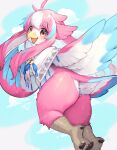  1girl antenna_hair ass beak bird_girl bird_legs bird_tail blue_hair blue_sky blush breasts capelet crescent dated feathers flying furry furry_female highres jewelry kishibe long_hair looking_at_viewer looking_back medium_breasts multicolored_hair naked_capelet necklace open_mouth original pink_eyes pink_hair sidelocks signature sky solo tail thighs white_capelet white_hair winged_arms wings 