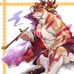  1boy abashiri_(abasirisippo) abs bara barefoot bonsho_(crave_saga) bulge claws colored_sclera commentary_request crave_saga facial_hair fang fang_out furry furry_male goatee highres holding holding_smoking_pipe japanese_clothes looking_at_viewer male_focus muscular muscular_male pawpads pectorals red_eyes signature smoking_pipe yellow_sclera 
