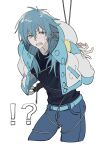  !? 1boy angry arms_behind_back bdsm belt black_shirt blue_belt blue_hair blue_jacket blue_pants blush bondage bound dramatical_murder highres ikaremanju jacket long_hair male_focus multicolored_clothes multicolored_jacket pants seragaki_aoba shirt solo teeth white_jacket yellow_eyes 