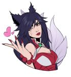  1girl ahri_(league_of_legends) animal_ears bead_bracelet beads black_hair bracelet breasts cleavage cropped_torso facial_mark fox_ears fox_tail gem grey_background hair_between_eyes heart highres jewelry kitsune kyuubi large_breasts league_of_legends long_hair max_(max5swell) multiple_tails orange_eyes red_lips simple_background smile solo tail whisker_markings 