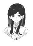  1girl absurdres blush character_request closed_mouth collared_shirt cropped_torso dafenpipixia greyscale hand_up heterochromia highres long_hair looking_at_viewer monochrome necktie pokemon pokemon_sv shirt simple_background solo upper_body white_background 