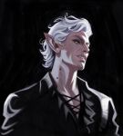  1boy astarion baldur&#039;s_gate baldur&#039;s_gate_3 bite_mark black_background black_shirt collarbone dungeons_and_dragons grey_hair highres male_focus pointy_ears shirt short_hair solo stephanie_(stephpeppery) teeth upper_body vampire 