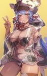  1girl animal_ears animal_print blue_hair blush bow_(bhp) breasts catura_(granblue_fantasy) covered_nipples cow_ears cow_girl cow_hat cow_horns cow_print draph ear_piercing granblue_fantasy hand_up hood hoodie horns large_breasts long_hair looking_at_viewer no_bra open_mouth piercing pointy_ears revision see-through short_shorts shorts simple_background solo thick_eyebrows v yellow_background yellow_eyes 