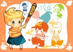  1girl 3boys arm_up banana_peel baseball_bat baseball_cap blonde_hair blue_shorts blush_stickers border hair_over_one_eye hat hitofutarai holding holding_baseball_bat kirby kirby_(series) link lucas_(mother_3) luma_(mario) mario_(series) mother_(game) mother_2 mother_3 multiple_boys ness_(mother_2) open_mouth orange_border partially_colored rosalina shirt shorts slipping striped_clothes striped_shirt super_mario_galaxy super_smash_bros. the_legend_of_zelda thought_bubble toon_link 