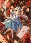  alice_(wonderland) alice_in_wonderland blonde_hair blue_eyes bow card dress hair_bow playing_card ribbon socks solo white_legwear yumegi_(mg.) 