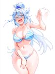  1girl @_@ absurdres aqua_(konosuba) blue_bra blue_eyes blue_hair blue_panties blush bra breasts collarbone english_commentary hair_between_eyes hair_ornament hand_up highres kono_subarashii_sekai_ni_shukufuku_wo! large_breasts long_hair looking_at_viewer machulanko navel open_mouth panties ponytail sidelocks simple_background solo standing striped_bra striped_clothes striped_panties sweat textless_version thick_thighs thighs tongue underwear white_background white_bra white_panties 