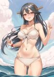  1girl ass_visible_through_thighs ayamo_kaoru bikini black_hair breasts brown_eyes cloud collarbone commission haruna_(kancolle) highres holding kantai_collection long_hair navel open_mouth sarong skeb_commission sky solo swimsuit wading water wet white_bikini 