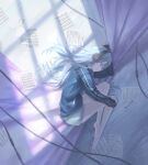 1girl absurdres bare_legs barefoot blue_eyes blue_jacket expressionless grey_hair grey_pants headphones highres jacket long_hair looking_to_the_side lying on_side pants pen pine50 project_sekai sheet_music sleeves_past_wrists solo window_shade yoisaki_kanade 