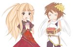  1girl arm_guards artist_request belt blonde_hair box bracer brown_hair capelet circlet dress heart kid_icarus kid_icarus_uprising long_hair nachure pit_(kid_icarus) ponytail red_dress short_hair shorts wings 