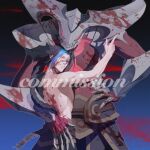  2boys arm_up black_hair blood blue_hair braid braided_ponytail colored_skin commission cowboy_shot demon_boy f(x)=lnx gradient_background grin heterochromia hug kayn_(league_of_legends) league_of_legends multiple_boys red_eyes red_skin rhaast scar sharp_teeth smile teeth watermark yaoi yellow_eyes 