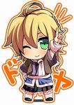  ahoge arm_warmers blonde_hair chibi green_eyes hand_on_hip highres mizuhashi_parsee nigo_(aozoragarou) one_eye_closed pointing pointing_up pointy_ears sash scarf shirt skirt smile solo standing touhou 