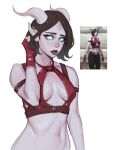  1girl bare_shoulders black_hair breasts cowboy_shot cross cross_earrings draenei earrings fingerless_gloves gloves highres jewelry medium_breasts navel parted_bangs red_gloves shiny_skin short_hair simple_background warcraft world_of_warcraft ykshelter 