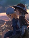  2girls backlighting black_capelet black_hair black_headwear black_skirt blonde_hair blue_eyes bow brown_eyes building capelet city dress from_side fumei_(mugendai) hat hat_bow highres looking_to_the_side maribel_hearn medium_hair mob_cap mountain mountainous_horizon multiple_girls necktie outdoors purple_dress red_necktie shirt sitting skirt skyscraper touhou usami_renko white_headwear white_shirt 