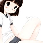  artist_request bangs bare_legs belly_peek black_eyes black_hair blunt_bangs blush bob_cut buruma closed_mouth copyright_request flat_chest gym_uniform knee_up lowres navel shirt short_shorts short_sleeves shorts signature simple_background sitting smile solo white_background white_shirt 