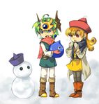  1girl alena_(dq4) boots cape dragon_quest dragon_quest_iv gloves hat hero_(dq4) knee_boots lowres mayuzumi pantyhose red_eyes red_hair shadow skirt slime slime_(dragon_quest) snowman white_legwear yellow_skirt 