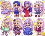  :d alternate_hair_color bangs beret blonde_hair blue_eyes blunt_bangs blush chibi collarbone dress full_body green_dress hair_ornament hairband hairpin hat leg_up looking_at_viewer macross macross_frontier open_mouth pose purple_hair red_dress sheryl_nome smile soraneko_(artist) standing standing_on_one_leg star thighhighs 