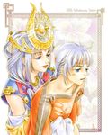  1girl arshtat_falenas blue_eyes crown detached_sleeves freyjadour_falenas gensou_suikoden gensou_suikoden_v hug jewelry lowres mother_and_son necklace nyoro_(artist) robe silver_hair 