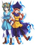  1girl alena_(dq4) arm_holding blue_eyes boots cape dragon_quest dragon_quest_iv gloves green_hair hat helmet hero_(dq4) kokutou_eiri long_hair pantyhose red_eyes red_hair skirt yellow_skirt 