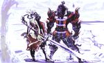  absurdres armor highres maeda_keiji male_focus multiple_boys scan sengoku_basara sword toyotomi_hideyoshi_(sengoku_basara) tsuchibayashi_makoto weapon yumekichi 