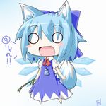  1girl animal_ears blue_hair blush_stickers bow chibi cirno dress eyebrows_visible_through_hair fang gradient gradient_background hair_bow ice ice_wings kemonomimi_mode neck_ribbon o_o parody puffy_short_sleeves puffy_sleeves reku ribbon short_hair short_sleeves solo spice_and_wolf tail touhou translation_request wheat wings wolf_ears wolf_tail 