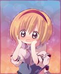  alice_margatroid ana_(rznuscrf) blonde_hair brown_eyes chibi hairband hands_on_own_face heart open_mouth short_hair solo sparkle tears touhou upper_body 
