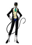  animal_ears cat_ears chaps claws hands_on_hips helios_(persona_2) high_collar kazuma_kaneko long_sleeves male_focus non-web_source official_art persona persona_2 simple_background solo tail white_background yellow_sclera 
