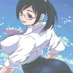  artist_request back black_hair breasts brown_eyes covered_nipples glasses holon huge_breasts lips looking_back lowres necktie oekaki office_lady pencil_skirt real_drive skirt sleeves_rolled_up solo 